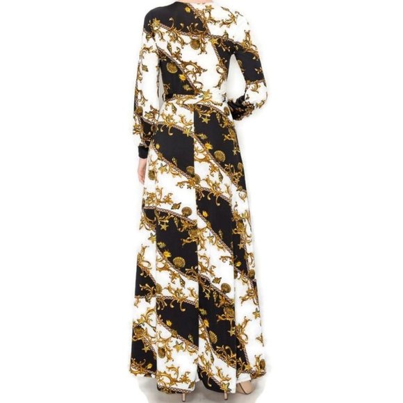 Janette Fashion Ivory Gold Black Bell Long Sleeve Faux Wrap Maxi Dress - Picture 3 of 4